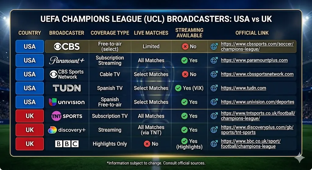 Champions League TV Channels in USA & UK