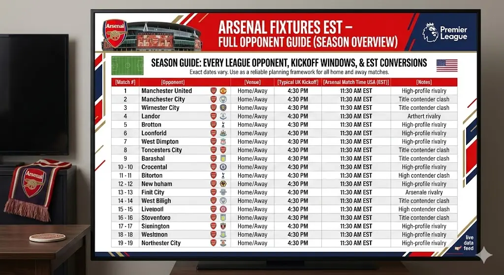 Arsenal Match Schedule USA Time & Fixtures EST
