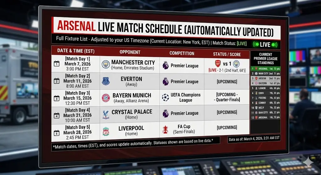 Arsenal Match Schedule USA Time & Fixtures EST