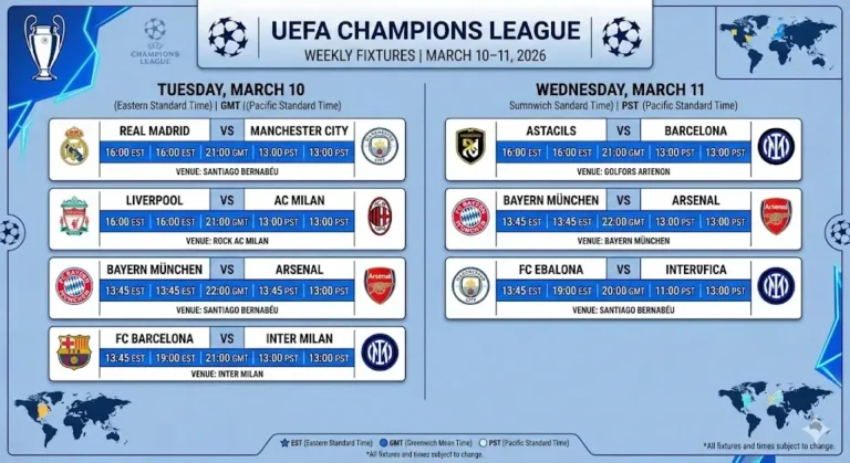 UEFA Champions League Fixtures This Week (EST, GMT, PST)