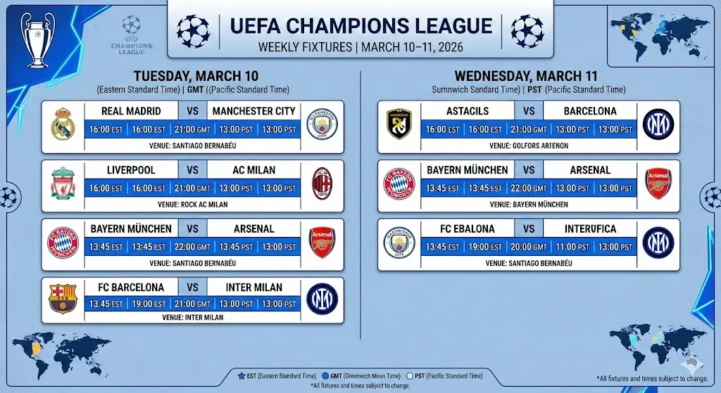 UEFA Champions League Fixtures This Week (EST, GMT, PST)