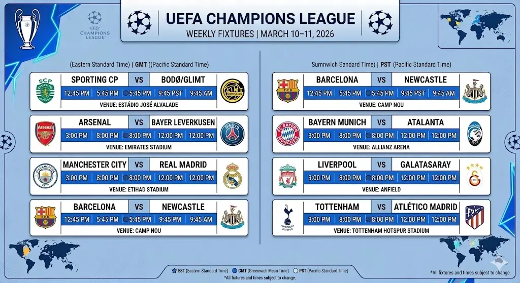 UEFA Champions League Fixtures This Week (EST, GMT, PST)