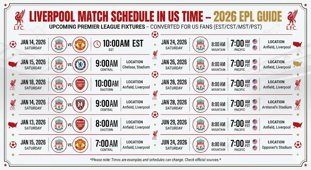 Liverpool Match Schedule in US Time – 2026 EPL Guide